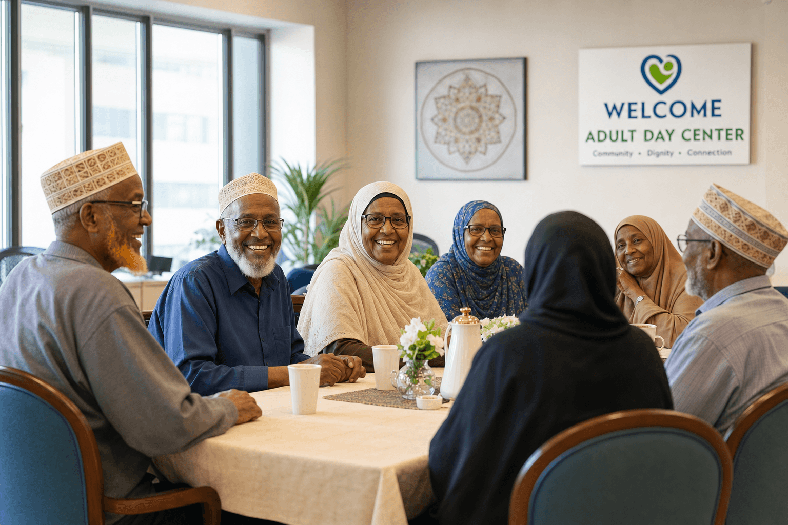 Elderly Somali adults smiling together around a table at a community gathering